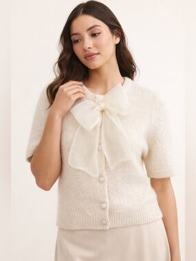 H&M Coquette Organza Style Bow Cardigan Cream Soft Knit XS Balletcore Preppy